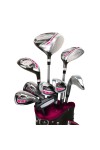 LADIES RIGHT HAND MAGENTA/PINK POWERBILT  ALL GRAPHITE COMPLETE GOLF CLUB SET w/DRIVER + HYBRID + BAG + PUTTER + 3 HEAD COVERS: TALL LENGTH